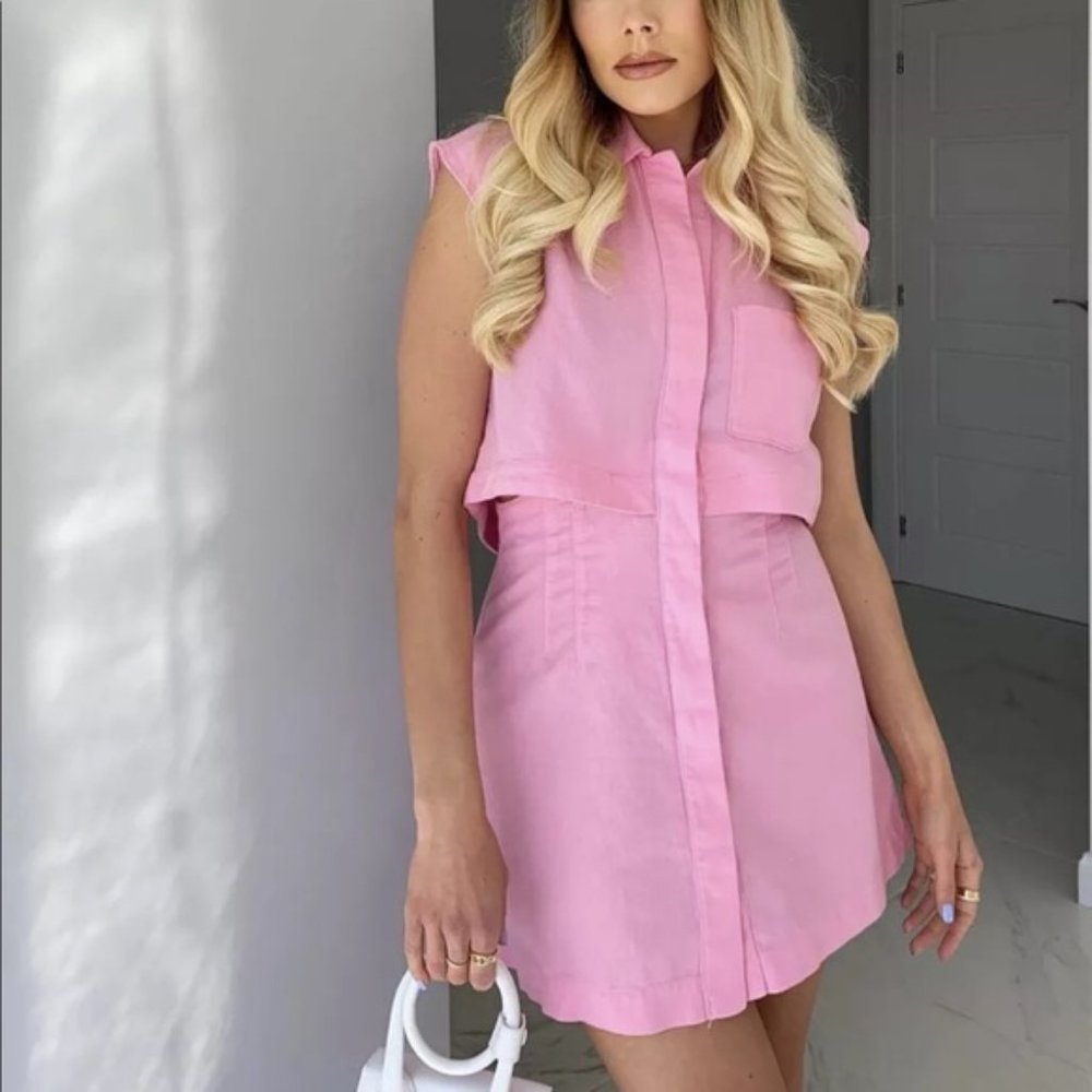 ZARA cut out linen blend button dress PINK Medium M